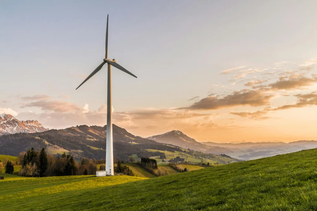 Ferme solaire et éolienne en production, symbolisant les sources d’énergie verte renouvelables utilisées en France en 2025